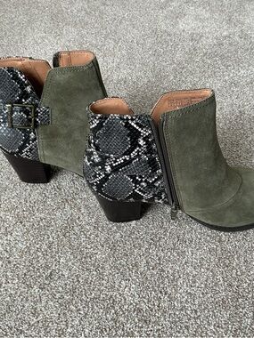 Vionic Olive Green Suede Ankle Booties with Black-White Snake Print Heel